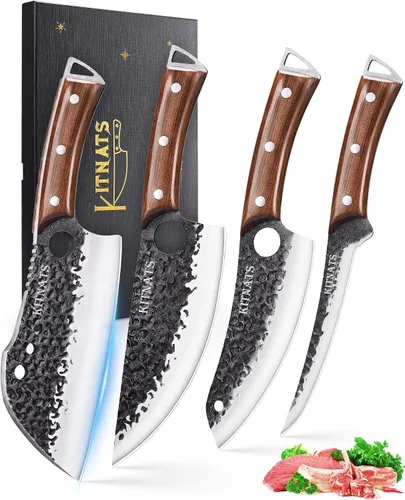 Juego de Cuchillos de Carnicero, KITNATS 4PCS Juego de cuchillos de cocina forjados a mano - Cuchillo de carnicero y cuchillos de chef serbios y