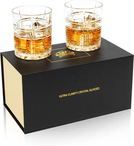KANARS Juego de 2 Vasos de Whisky, Vaso de Cóctel Old Fashioned de Cristal de 10 Oz en Caja de Regalo, Cristalería de Bar para Whisky Escocés,