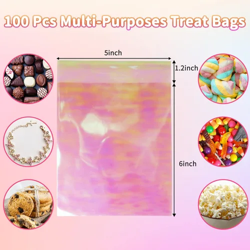 Miniatura 6 de SUREHOME Bolsas para galletas con sellado, 100 unidades, 5 x 6 pulgadas, holográficas, iridiscentes, autoadhesivas, bolsas de celofán con sellado