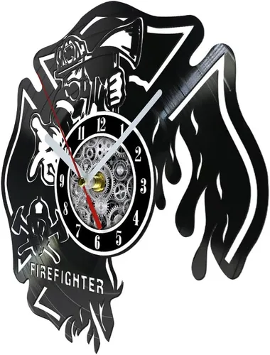 Miniatura 3 de The Geeky Days Reloj de pared LED de bombero, disco de vinilo, 7 colores, cruz maltesa quemada, 12 pulgadas, silencioso, sin tictac, casco