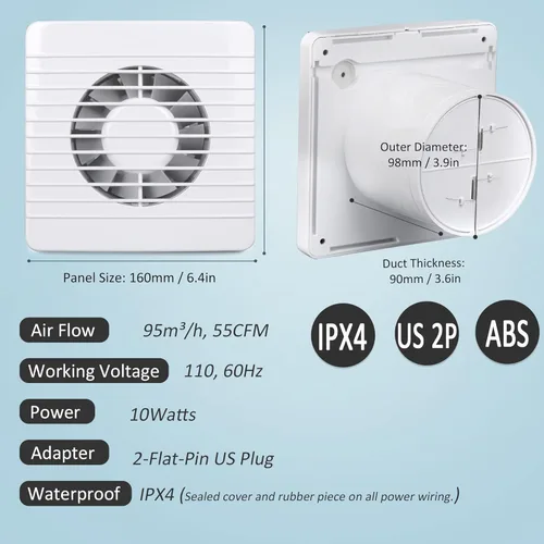 Miniatura 3 de Extractor de pared de 4 pulgadas IPX4 55CFM, extractor de ventana de rejillas, control antireflujo, para inodoro, oficina, cocina, baño Rejillas