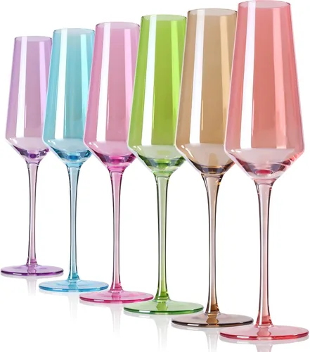 comfit Juego de 6 copas de champán de colores, vasos de cristal soplados a mano grandes de 8.5 onzas, vasos de colores sin plomo, cristalería de
