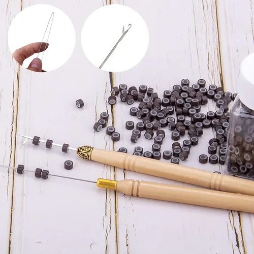 Miniatura 4 de Duufin Kit de extensiones de cabello, 500 piezas de cuentas de micro anillo marrón, 1 alicates de microcuentas, 2 ganchos, aguja de tracción, 4