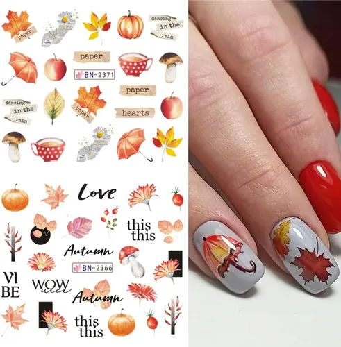 Miniatura 4 de Calcomanías holográficas para arte de uñas, diseños holográficos de transferencia de agua de hoja de arce de otoño, hojas de otoño, hongos
