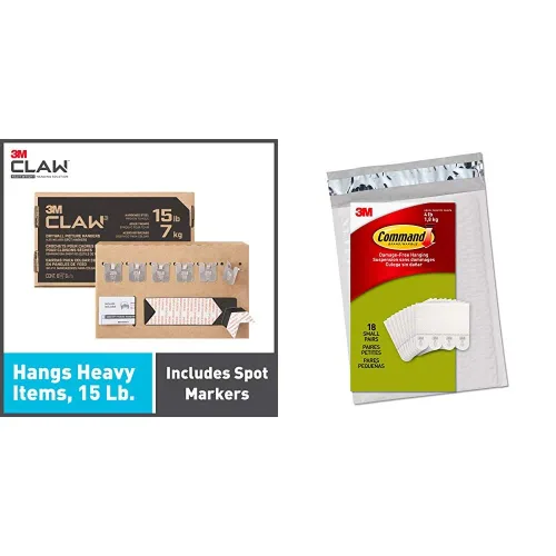 Command Ganchos 3M CLAW para colgar cuadros en panel de yeso con capacidad para 15 libras, tiras pequeñas color blanco, 18 tiras.