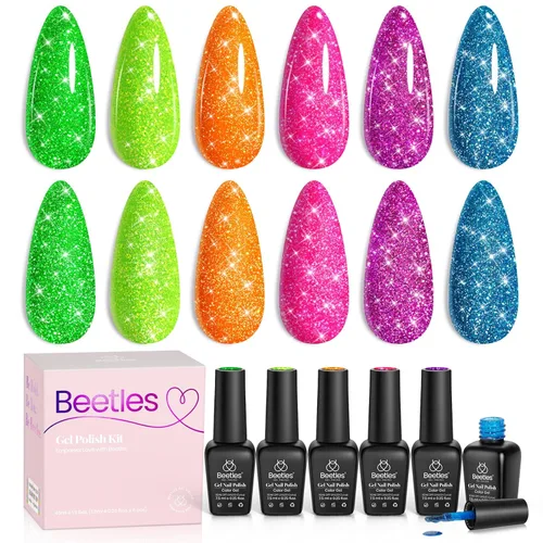 Miniatura 39 de Beetles - Juego de esmaltes de uñas en gel neón, 6 colores, rosado intenso, naranja, amarillo, verde, azul y morado, semipermanentes, uso