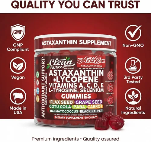 Miniatura 8 de Clean Nutraceuticals AstaZen - Gomitas de astaxantina de 12 mg - con licopeno, vitaminas A C D E, L-tirosina y selenio - Gomitas de apoyo