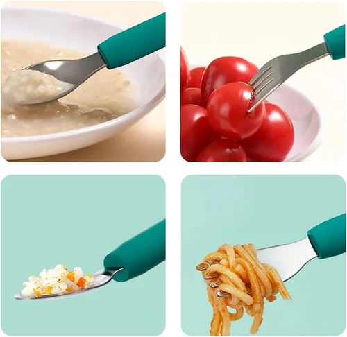 Miniatura 7 de Juego de tenedores y cucharas para bebé, utensilios de entrenamiento para bebés, cubiertos de silicona y acero inoxidable para niños y niños