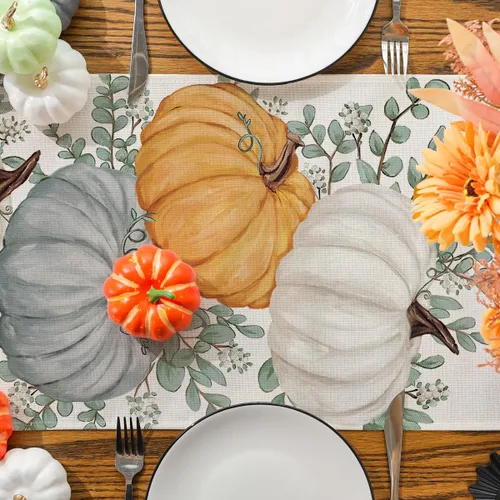 Miniatura 5 de Camino de mesa de otoño, eucalipto y calabaza, camino de mesa para otoño, Acción de Gracias, decoración de fiesta en el hogar, decoración de mesa