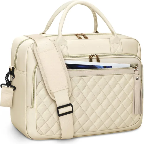 RAINSMORE Bolsa para laptop de 17.3 pulgadas para mujer, impermeable, bolsa de hombro grande para computadora portátil, para trabajo, negocios, Beige