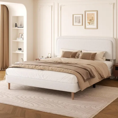 Miniatura 9 de Marco de cama tapizado Boucle de tamaño matrimonial con cabecera ajustable, cama de nube suave, no necesita somier, fácil montaje, sin ruido