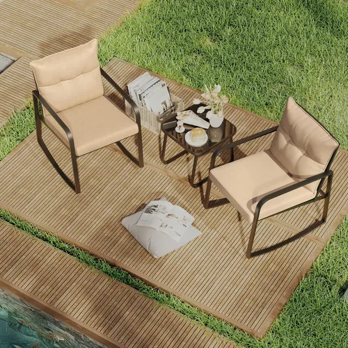 Miniatura 9 de Gizoon, Juego de 3 piezas de sillas mecedoras estilo bistró, muebles de patio de acero negro, juego de sillas para el porche con mesa de café