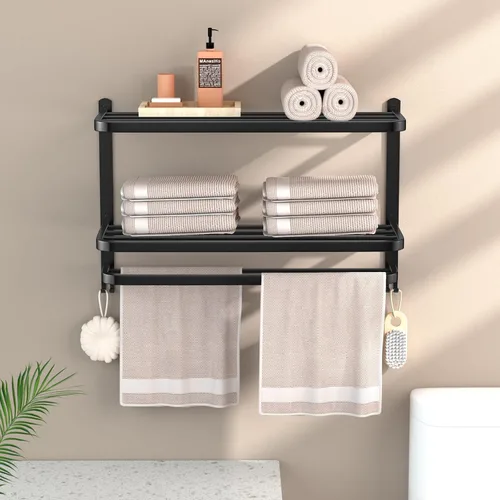 Miniatura 6 de Estante de toallas de 3 niveles de 23 pulgadas en negro para baño con barras de toallas, estante de toallas de hotel multicapa de acero inoxidable