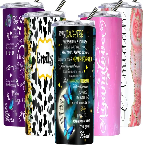 Miniatura 8 de Vaso delgado personalizado con tapas y pajitas con nombre impreso, vasos aislados personalizados de 20 onzas para mamá, mujeres y hombres