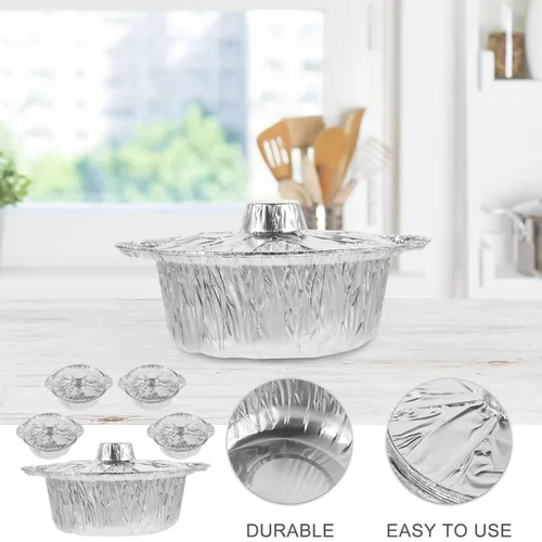 Miniatura 5 de 5 juegos de sartenes redondas de aluminio con tapa, 60.9 fl oz, bandeja de papel de aluminio para hornear, olla de camping, utensilios de cocina