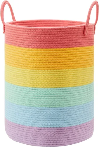 Miniatura 18 de 15Dx20H pulgadas Cesta de lavandería grande rosa para niños, cesta de lavandería de cuerda tejida para guardería, para habitación de niñas, Rosa1
