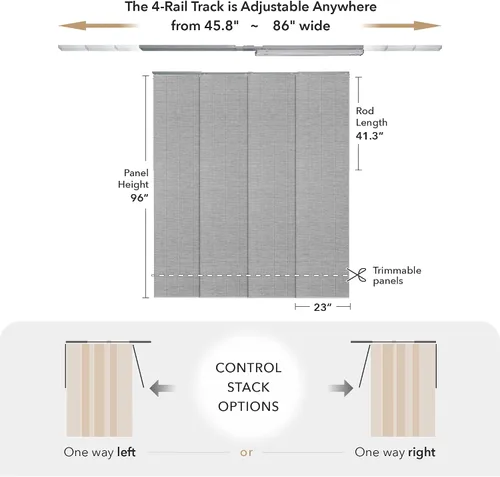 Miniatura 5 de GoDear Design panel ajustable de cortina deslizante para divisores de habitación colgantes 45.8"- 86" de ancho x 96" de alto, persianas verticales