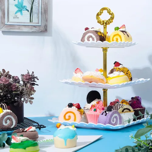 Miniatura 5 de 6 juegos de 3 niveles de soporte para cupcakes de fiesta de té, platos de postre de plástico blanco para cupcakes, bandejas cuadradas para tartas