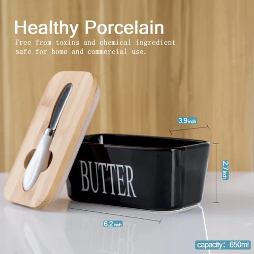 Miniatura 2 de Hasense Mantequillera de porcelana con tapa de bambú – Mantequera cubierta con cuchillo de mantequilla para encimera, recipiente hermético