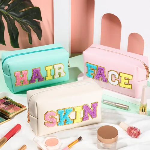 Miniatura 4 de Bolsa de maquillaje de chenilla, 3 piezas, de piel sintética, impermeable, con parches de cremallera de nailon, organizador de maquillaje, para mujer