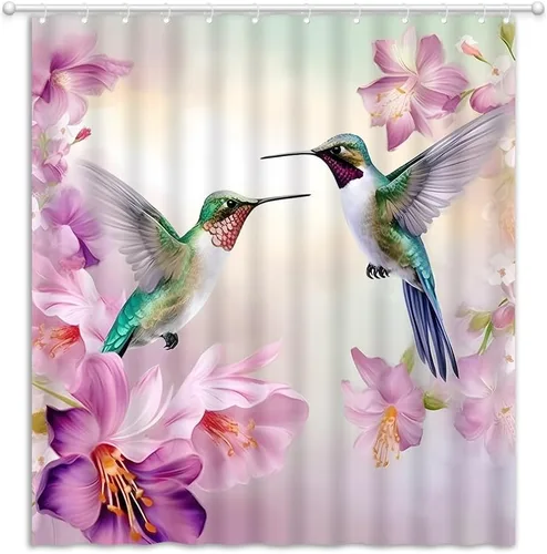 Cortina de ducha floral de colibrí, acuarela, rosa, morado, jardín, naturaleza, paisaje, baño, decoración, juego de cortinas con ganchos