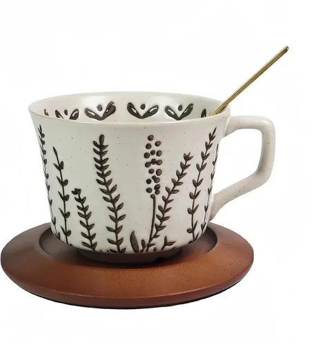 Miniatura 10 de Taza de café de cerámica vintage Taza de té de café de cerámica gruesa con platillo y cuchara de madera, taza de té y platillo de 12 onzas