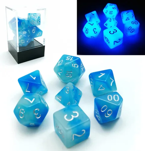 Miniatura 9 de Bescon Juego de dados poliédricos que brillan en la oscuridad de dos tonos Blue Dawn, juego de dados RPG luminosos d4 d6 d8 d10 d12 d20 d% paquete