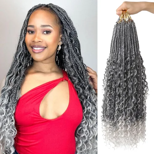 Miniatura 41 de Goddess Box Braids - Trenzas de cabello a ganchillo con extremos rizados, trenzas de caja bohemianas de 16 pulgadas, trenzas de ganchillo, 8 1B-4-30
