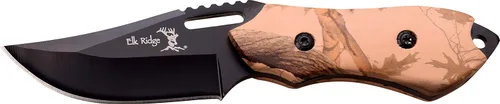 Elk Ridge - Cuchillo de hoja fija - 6 pulgadas en total, hoja de acero inoxidable negro de 3 pulgadas, mango de madera recubierto de camuflaje,