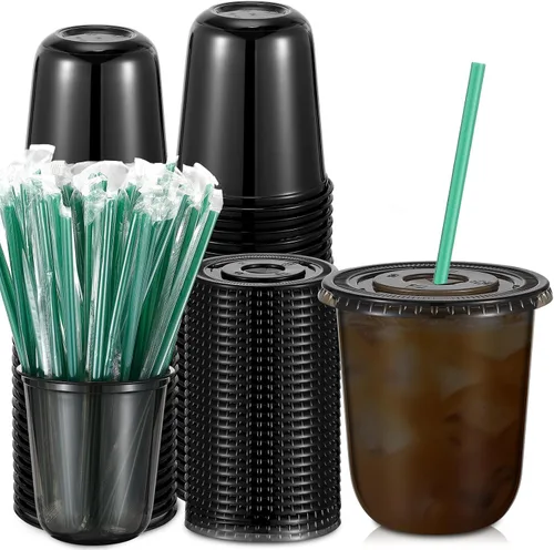 Miniatura 10 de Baderke Juego de 25 vasos de plástico con tapas y pajitas, tazas de plástico desechables para café helado, jugo, batido, cristal para cafeterías