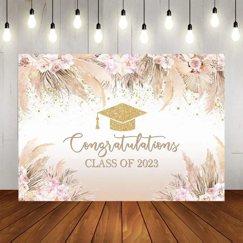 Miniatura 5 de Mocsicka Fondo de fiesta de graduación bohemio para clase de 2023, bohemio, elegante, rosa, flores doradas, gorra de despedida de soltero dorada