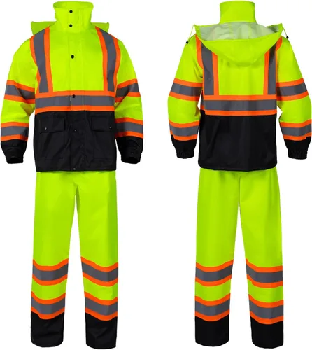 Miniatura 9 de Traje de Lluvia de Alta Visibilidad Clase 3 con Capucha Plegable en Lima Reflectante, Chaqueta y Pantalones de Seguridad Impermeables