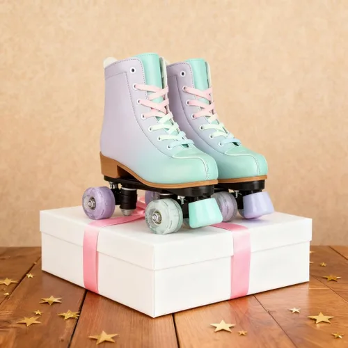 Miniatura 8 de Gets Patines altos para mujer, piel sintética, cuatro ruedas, doble fila, brillante, para interiores y exteriores Destello verde púrpura
