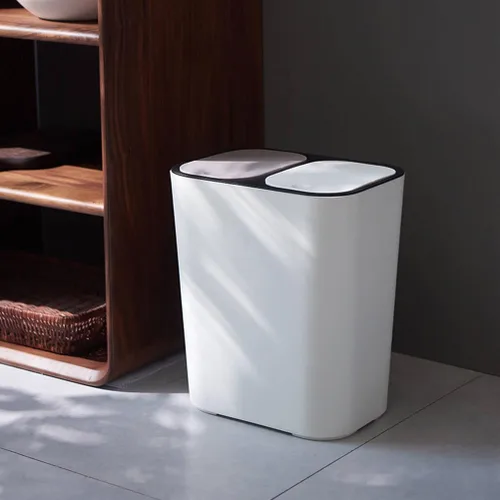 Miniatura 8 de Bote de basura de doble compartimento para residuos de cocina, contenedor de basura blanco con tapa para separación seca y húmeda, elegante cubo