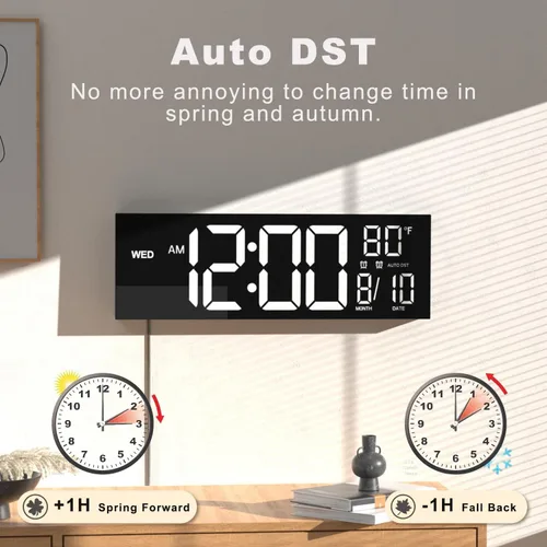 Miniatura 5 de JALL Reloj digital grande de montaje en pared de 13 pulgadas para sala de estar, temporizador de cuenta regresiva, alarma, LED grande, DST, Negro