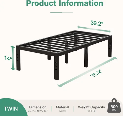 Miniatura 2 de Novilla - Base de cama individual, plataforma de metal de 14 pulgadas con espacio de almacenamiento debajo de la cama, soporte de listones de acero