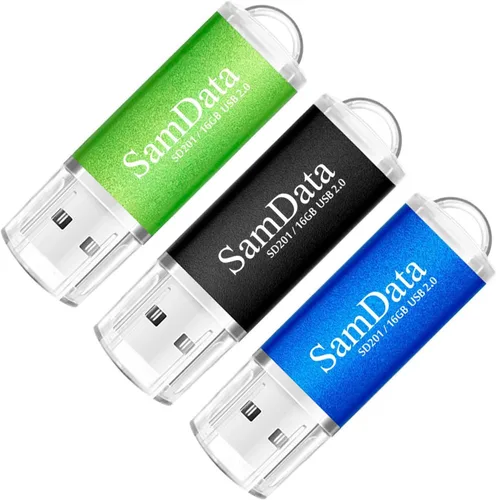 SamData Paquete de 3 unidades de memoria USB 2.0 de 16 GB, 3 colores: negro, azul, verde