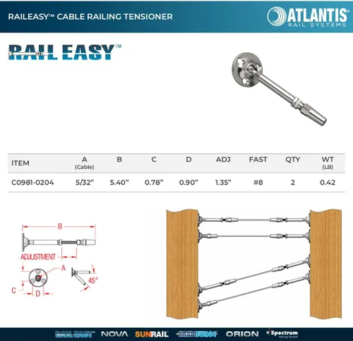Miniatura 3 de Atlantis RailEasy C0981-0204 - Tensor de barandilla de cable (5/32 pulgadas), acero inoxidable de grado marino 316L (paquete de 2)
