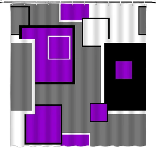 Miniatura 5 de Cortina de ducha moderna geométrica azul gris negro abstracto geométrico de mediados de siglo, moderno juego de decoración de baño con ganchos