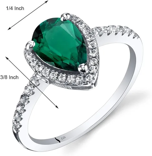 Miniatura 3 de Peora Anillo de halo de lágrima de esmeralda creado para mujer, oro blanco de 14 quilates con topacio blanco auténtico, forma de pera de 1.25