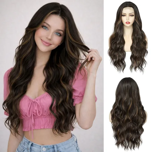 Miniatura 11 de NAYOO Peluca negra ondulada de 26 pulgadas de largo para mujer, peluca sintética de aspecto natural, fibra resistente al calor, suave y ligera, Negro