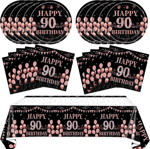 41 piezas de decoraciones de 90 cumpleaños para mujeres, platos y servilletas de 90 cumpleaños en negro y oro rosa, juego de vajilla de feliz