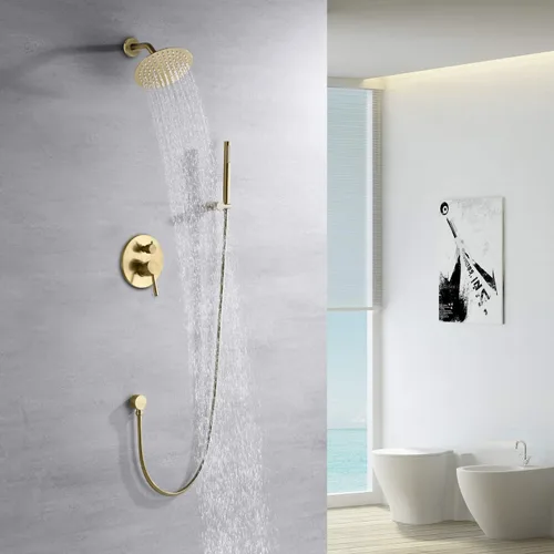 Miniatura 3 de sumerain - Sistema de grifo de ducha de oro cepillado con cabezal de ducha de lluvia de alta presión de 8 pulgadas y ducha de mano de latón, cuerpo