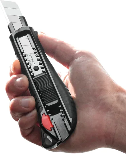 Miniatura 4 de HAUTMEC Cuchillo utilitario de 18 mm con agarre suave y bloqueo automático con interruptor de seguridad rojo, cortador resistente con hoja negra