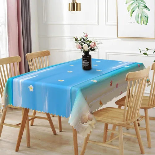 Miniatura 24 de Mantel oblongo, diseño de playa de 52 x 70 pulgadas, diseño de playa con estrellas de mar y olas de mar, con decoración impermeable y resistente a