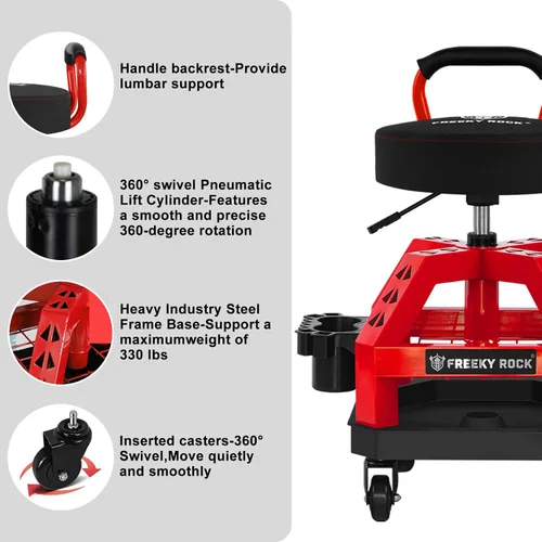 Miniatura 8 de Rolling Shop Taburete con ruedas, silla de taller mecánico de garaje con respaldo de asa, taburete de trabajo de altura ajustable, asiento