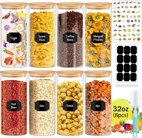 BGraceyy 8 tarros de vidrio de 32 onzas con tapas de bambú, tarros apilables transparentes para almacenamiento de alimentos, recipientes herméticos
