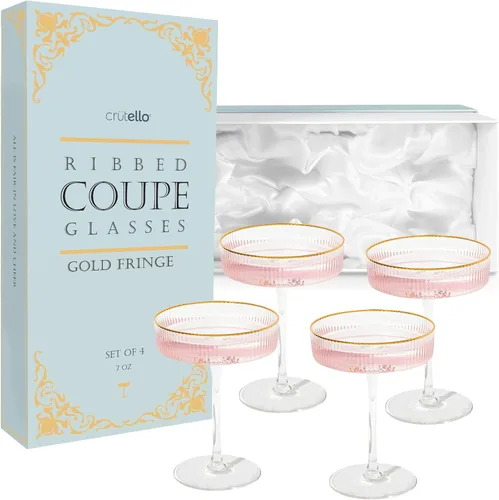 Miniatura 9 de Crutello Juego de 4 copas de champán cupé, clásicas de 7 onzas, vasos de cóctel vintage acanalados para champán, martini, Manhattan, cosmopolita