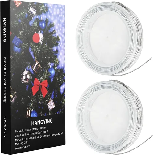 Miniatura 15 de Cordón elástico metálico para colgar adornos, decoración, envoltura de regalos, 0.039 in, 65 yardas (plateado)