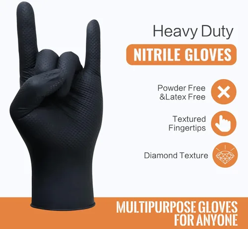 Miniatura 3 de Wostar Guantes industriales de nitrilo negro, grandes de 8 mil, con textura de diamante, sin látex y polvo, guantes resistentes, 100